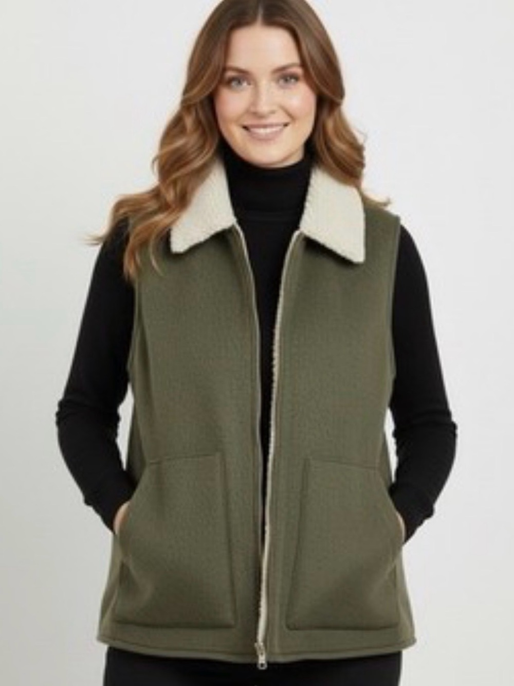 Sanctuary Olive Sherpa Zip-Front Vest